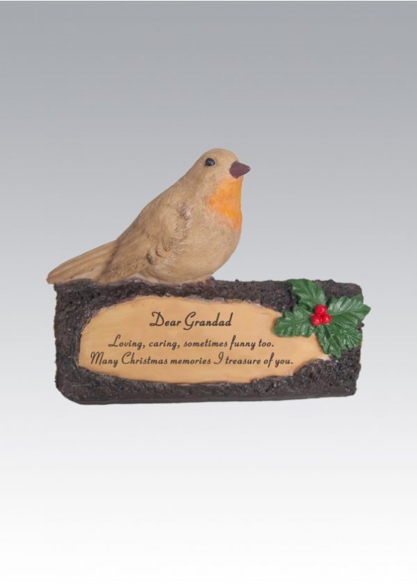 robin on log grandad grave ornament at beechmount garden centre