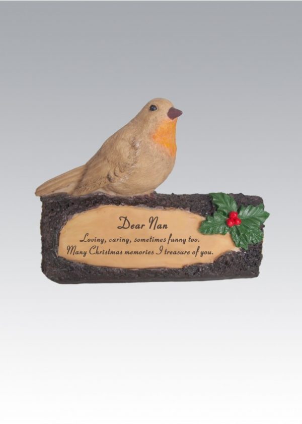 robin on log nan grave ornament at beechmount garden centre