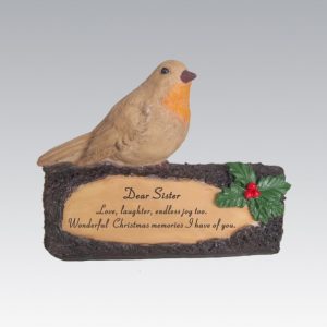 robin on log sister grave ornament at beechmount garden centre