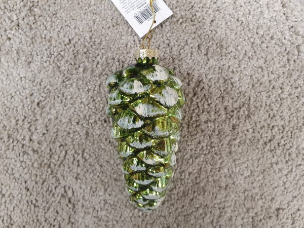 14cm Glass Shaped Pine Cone Green w/White Glitter 19625 at beechmount garden centre