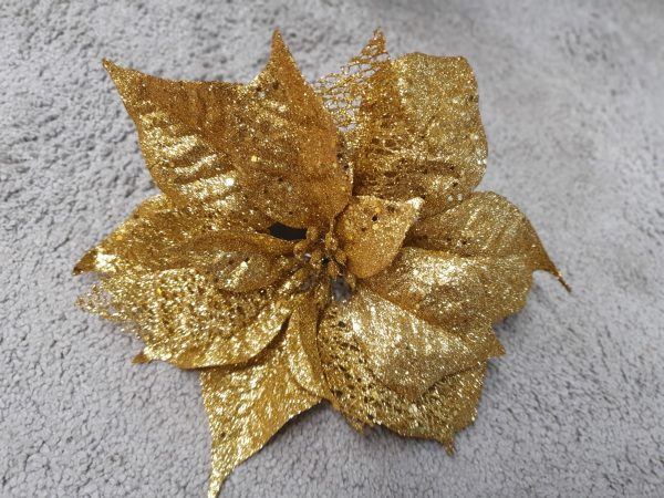 23cm Glitter Poinsettia W/Clip Gold 240814 at beechmount garden centre