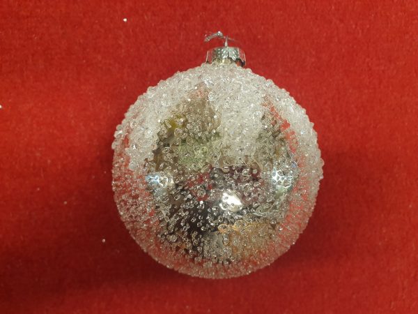 10cm Glass Silver Ball w Snow Encrusted Top 12872 at beechmount garden centre