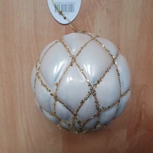 10cm Cream and Gold Padded Effect Glass Ball 17682 at beechmount garden centre