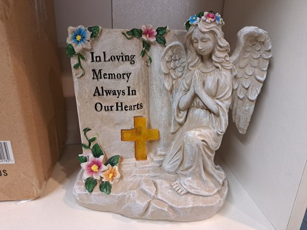 Grave Ornament Praying Angel w Solar Cross 6152 at beechmount garden centre