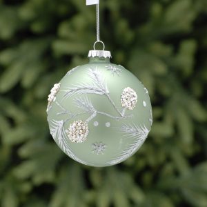 10cm Sage Green - Silver Glitter Leaf Glass Ball 39770 At beechmount garden centre
