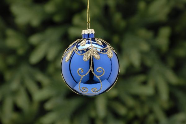 8cm Blue with Gold Glitter Leaf Design Glass Ball 39641 AT BEECHMOUNT GARDEN CENTRE