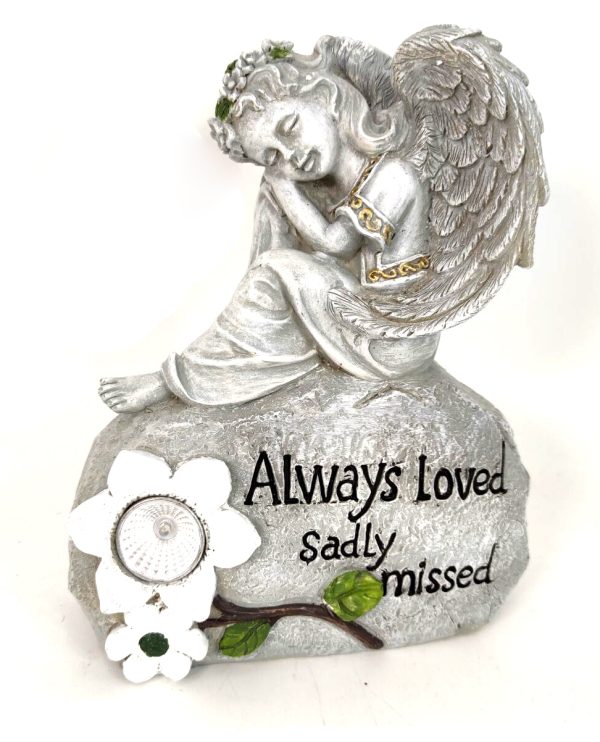 Grave Ornament Angel on Stone w Solar Light 6169