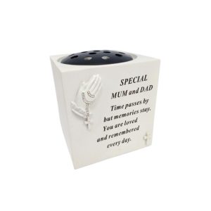 Grave Ornament Rose Bowl with Praying Hands MUM & DAD