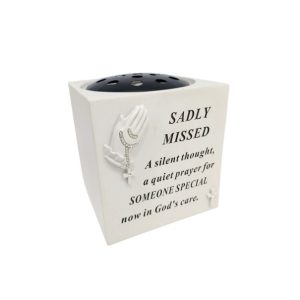 Grave Ornament Rose Bowl with Praying Hands Sadly Missed