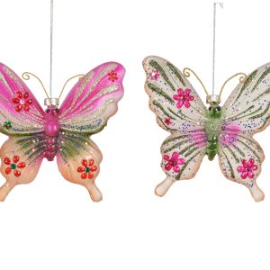 Butterfly Glass Ornament Pink W GLitter 125080
