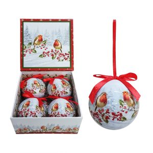 4pcs 75mm Baubles w/2 Robins Scene in Gift Box 70805