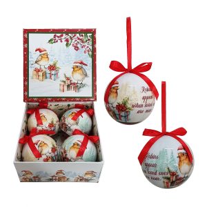 4pcs 75mm baubles w/Robins in Santa Hat Gift Box 80807